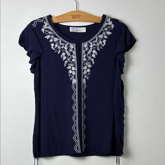 Time and Tru Navy Blouse with White Embroidery - Picture 1 of 10